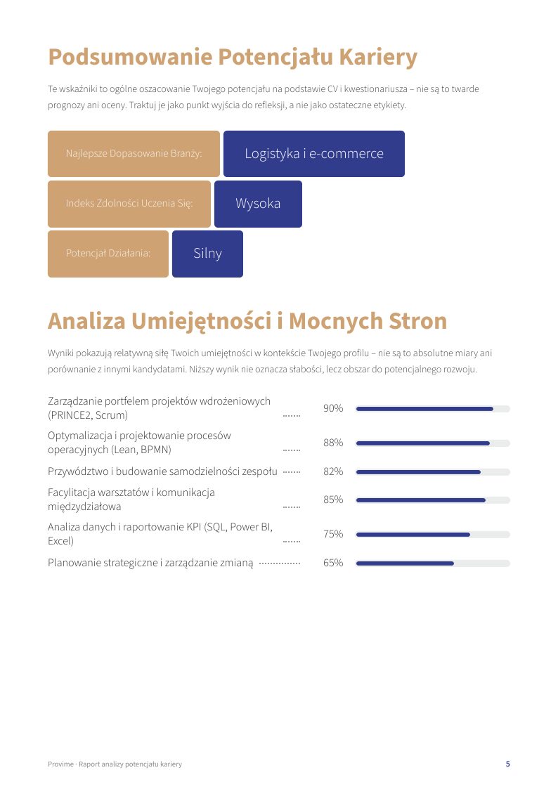 Strona przykładowego raportu Provime: Podsumowanie potencjału i mocne strony